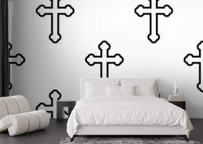 Black christian outline crosses on white background. Vector seamless pattern. Wall mural