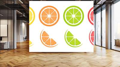 Slices of lemon, orange, lime and grapefruit vector flat illustration. Stylized flat elements on white background. Wall mural