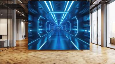 A futuristic space station with blue lights and a long hallway. Generative ai. Wall mural