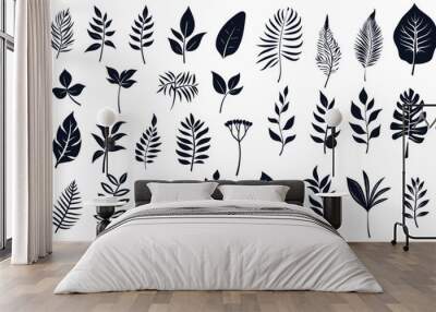 Abstract of tropical leaves. Design element black and white set. Flowers and leaves of the jungle or forest Wall mural