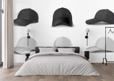 Black and white baseball cap side perspective, side, front view realistic vector template set. Wall mural