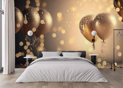 Festive luxury background with golden inflatable balloons, confetti, blurred background with  bokeh effect. Generative Ai Wall mural