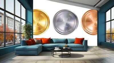 Gold, silver, and bronze cup shaped medals with engraved details. Perfect for honoring achievements and recognizing excellence. Wall mural