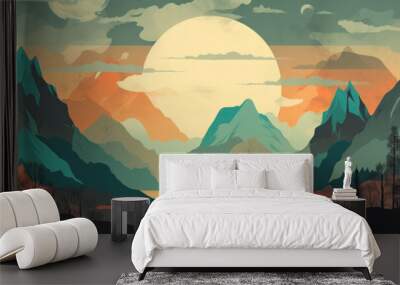 Illustration in retro style of a vintage mountain landscape with a colorful sunset and silhouettes of trees and hills.. Generative ai. Wall mural