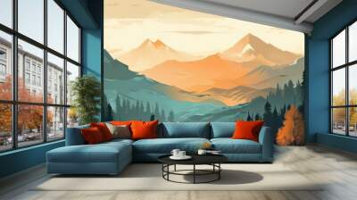 Illustration in retro style of a vintage mountain landscape with a colorful sunset and silhouettes of trees and hills.. Generative ai. Wall mural