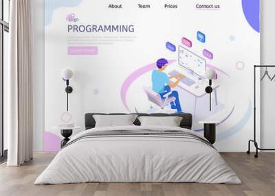 Programmer isometric character. Programming concept, web engineer at work. Wall mural