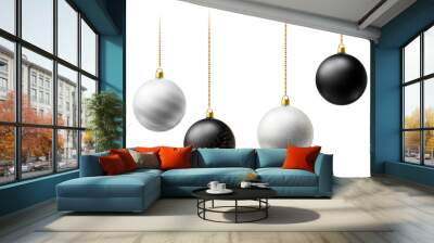 Realistic black and white Christmas balls hanging on gold beads chains on white background Wall mural