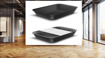 Realistic design template with black food tray on white background. Wall mural