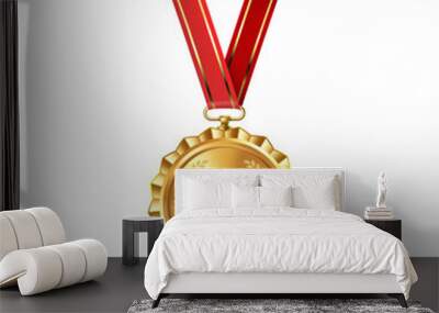 Realistic gold empty medal on red ribbon. Sports competition awards for first place. Championship reward for victories and achievements Wall mural