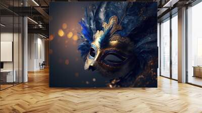 Realistic luxury carnival mask with blue feathers. Abstract blurred background, gold dust, and light effects. Generative Ai Wall mural