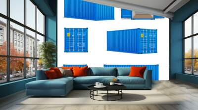 Realistic set of bright blue  cargo containers.   Front, side back and perspective view Wall mural