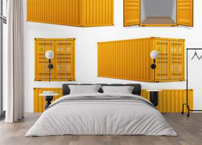 Realistic set of bright yellow  cargo containers.   Front, side back and perspective view.  Wall mural