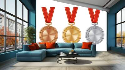 Set of realistic gold, silver, and bronze empty medals on red ribbons. Sports competition awards for 1st, 2nd, and 3rd place. Championship rewards for victories and achievements Wall mural