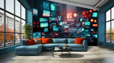 Сoncept of virtual environment and cyberspace set of glowing screens and network equipment workplace of hacker or programmer blurred background in cyberpunk style.  Ai generated. Wall mural