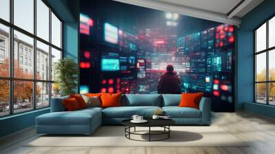 Сoncept of virtual environment and cyberspace set of glowing screens and network equipment workplace of hacker or programmer blurred background in cyberpunk style.  Ai generated. Wall mural