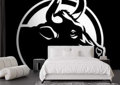 Cow silhouette, round shape logo on a dark background. Vector illustration. Wall mural