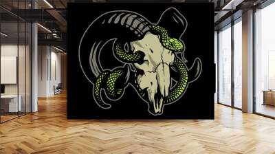 Ram skull with a curly snake on a dark background. Vector illustration. Wall mural