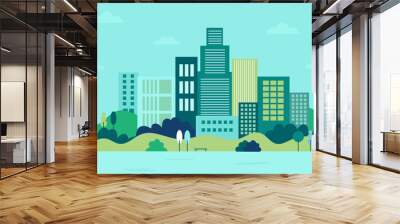 simple, minimal geometric flat style vector illustration depicting a city landscape with buildings,  Wall mural