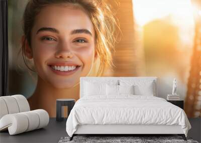 A bright, happy woman smiling joyfully, her fresh, smooth skin glowing, her face framed by soft, calming light, creating an atmosphere of natural beauty and peace. Wall mural