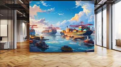 a busy day at the sea cargo port, with ships of various sizes and colors creating a vibrant and dynamic scene Generative AI Wall mural