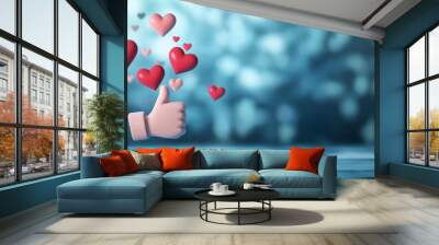 A cartoonish thumbs-up symbol surrounded by hearts and likes, set against a bright and playful background. Wall mural