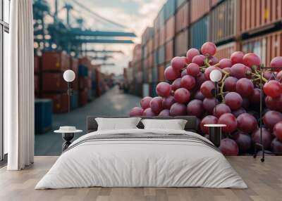 A collection of grapes near containers at a busy port, prepared for global transport. Wall mural