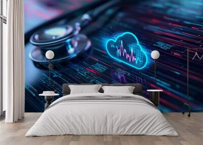 A digital cloud enveloping a stethoscope, with a heartbeat graph glowing within the cloud, highlighting the role of cloud technology in monitoring patient health. Wall mural