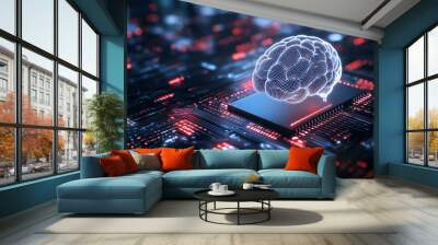 A glowing human brain linked to a microchip, surrounded by holographic data and algorithmic patterns, representing the integration of human intelligence with machine learning and b Wall mural