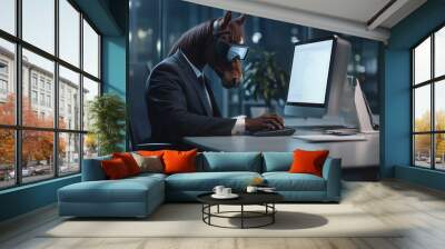 A horse in a professional suit working on a computer in a sleek, modern office space. Wall mural