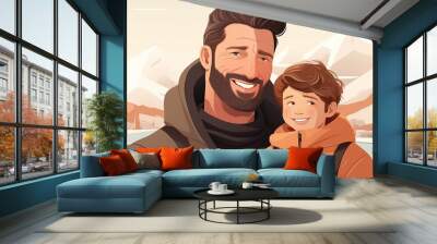 A joyful father and son share a warm smile during a winter adventure in the mountains Wall mural