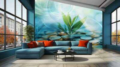 A layered collage with coins spread across the foreground, a thriving plant in the middle, and dynamic abstract forms swirling around, symbolizing the balance between investment gr Wall mural