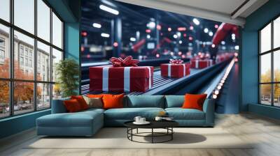 A logistics center abuzz with activity, where conveyor belts carry beautifully wrapped Christmas presents. Robotic arms swiftly move the packages, ensuring timely holiday deliverie Wall mural