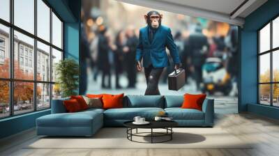 A monkey in a blue business suit holding a briefcase while walking through a busy city. Wall mural