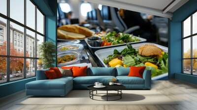 A nutritious airplane meal showcasing a variety of fresh ingredients, including a mixed green salad, whole grain bread, and a portion of lean protein, all neatly arranged on a tray Wall mural