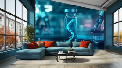 A vial holding a vividly colored DNA helix suspended in liquid, illuminated by soft blue lights in a futuristic lab, with advanced robotic arms working on genetic experiments in th Wall mural