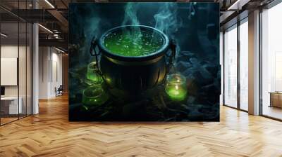 a witch's cauldron bubbling with mysterious green potion surrounded by flickering candles. generativ Wall mural