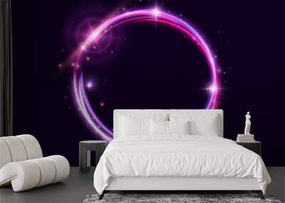 Abstract neon blue-violet ring. A bright plume of luminous rays swirling in a fast spiraling motion. Light golden swirl. Curve gold line light effect. Vector	 Wall mural