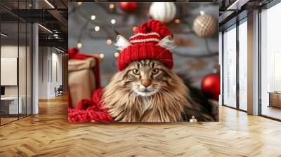 Adorable Maine Coon Cat Wearing Red Hat Posing Near Christmas Glowing Lights and Decorations Wall mural