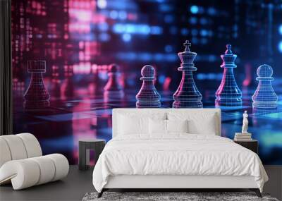 An abstract digital chessboard with neon pieces, floating in a futuristic blurred background, representing modern strategic thinking and technological advancements in business. Wall mural