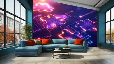 API integration concept with neon puzzle pieces interlocking on a futuristic digital background, emphasizing smooth connectivity and system interoperability Wall mural