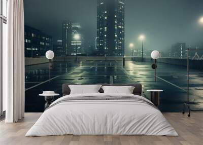 background image of an empty parking lot, night, against the backdrop of a high-rise building, grayish tones.
 Wall mural