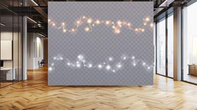 Bright garlands with a golden glow. Christmas lights for holiday illustrations. Garlands of yellow lights glow on a transparent background. Festive chain of lights. Wall mural