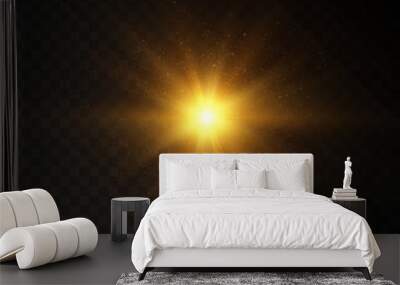 Bright yellow golden glow light effect with rays and glare for vector illustration. Bright sun Wall mural