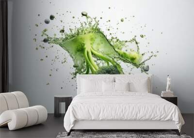 Broccoli splashing in water creating dynamic green droplets in a contemporary setting Wall mural