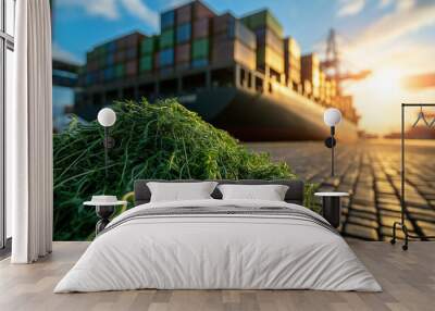 Bundles of thyme lying next to a cargo ship at a busy port, symbolizing the global trade of fresh produce. Wall mural