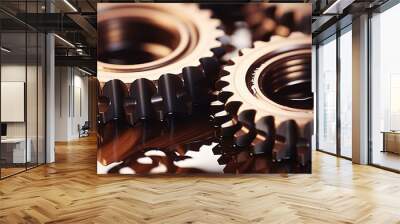 Close-up of metal gears resting in oil on a workbench during an industrial workshop Wall mural