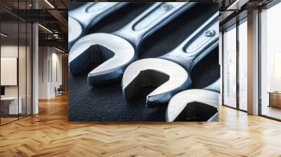 Close up steel wrench and spanner tools for industrial repairs in plumbing and construction work Wall mural