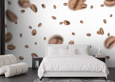 Coffee beans fall background. Black espresso coffee bean falling. Aromatic grain flying isolated on white. Concept for coffee product advertising. Wall mural