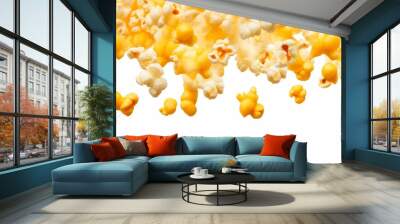 Colorful popcorn falling against a white background during a fun movie snack preparation Wall mural