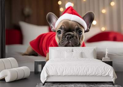 Cute French Bulldog puppy dressed in a red Santa outfit on a cozy bed during the holiday season Wall mural